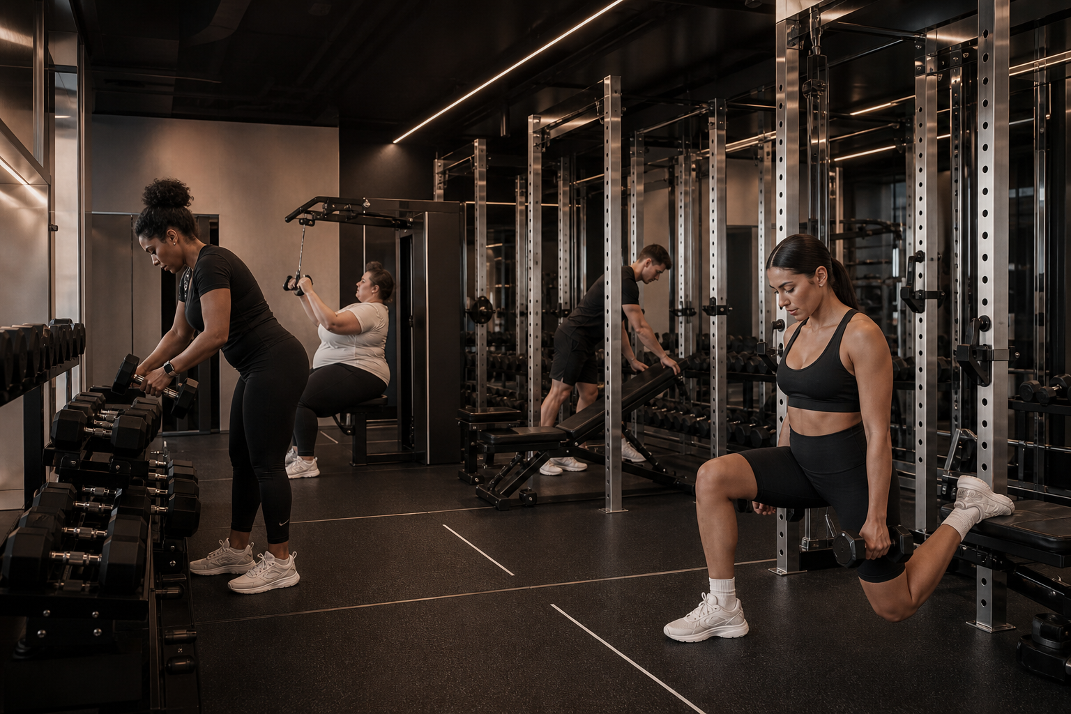 A diverse group of people training in structured strength stations inside a premium BUILT studio.
