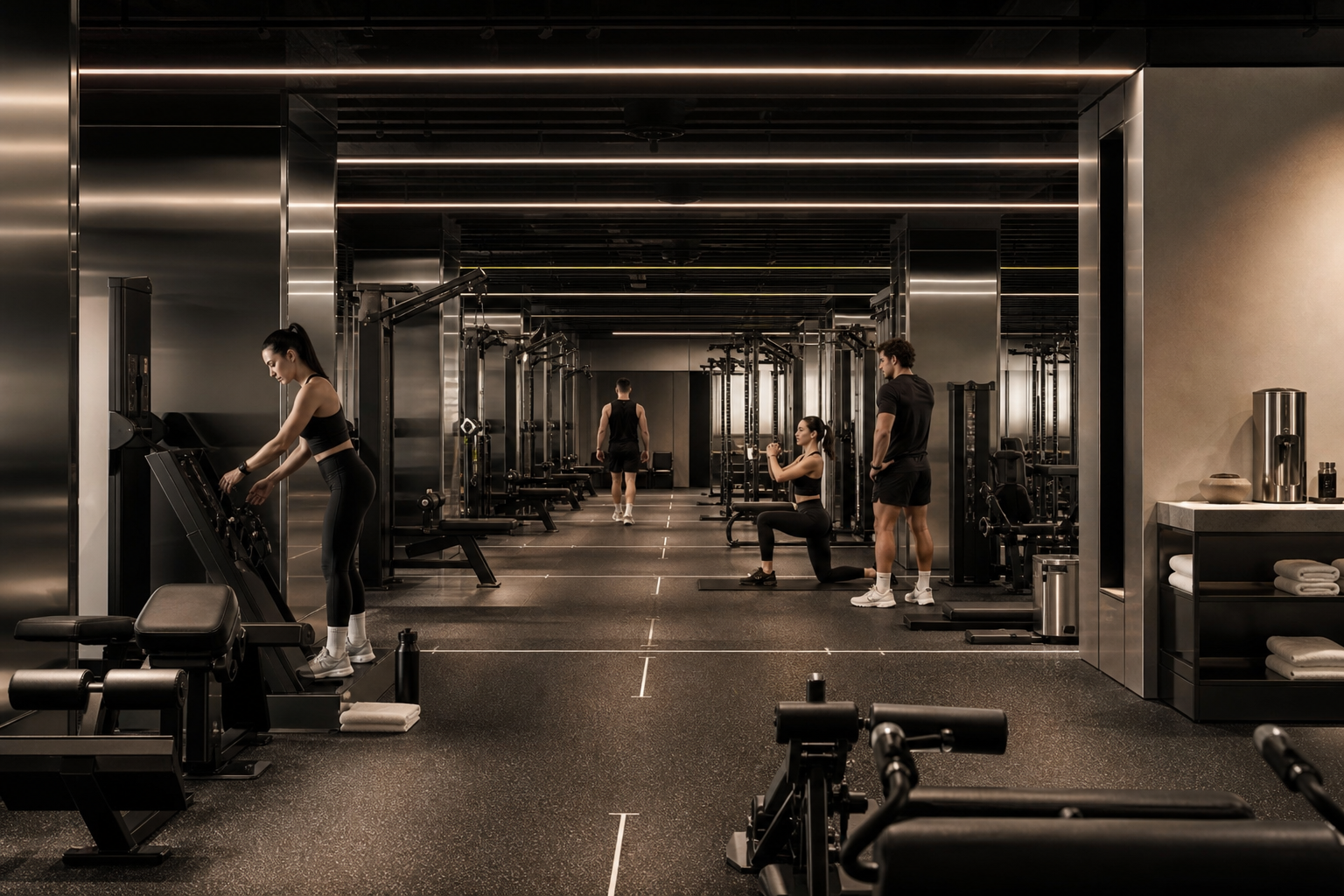 An architectural strength studio with organized training bays, clean equipment, and generous spacing.