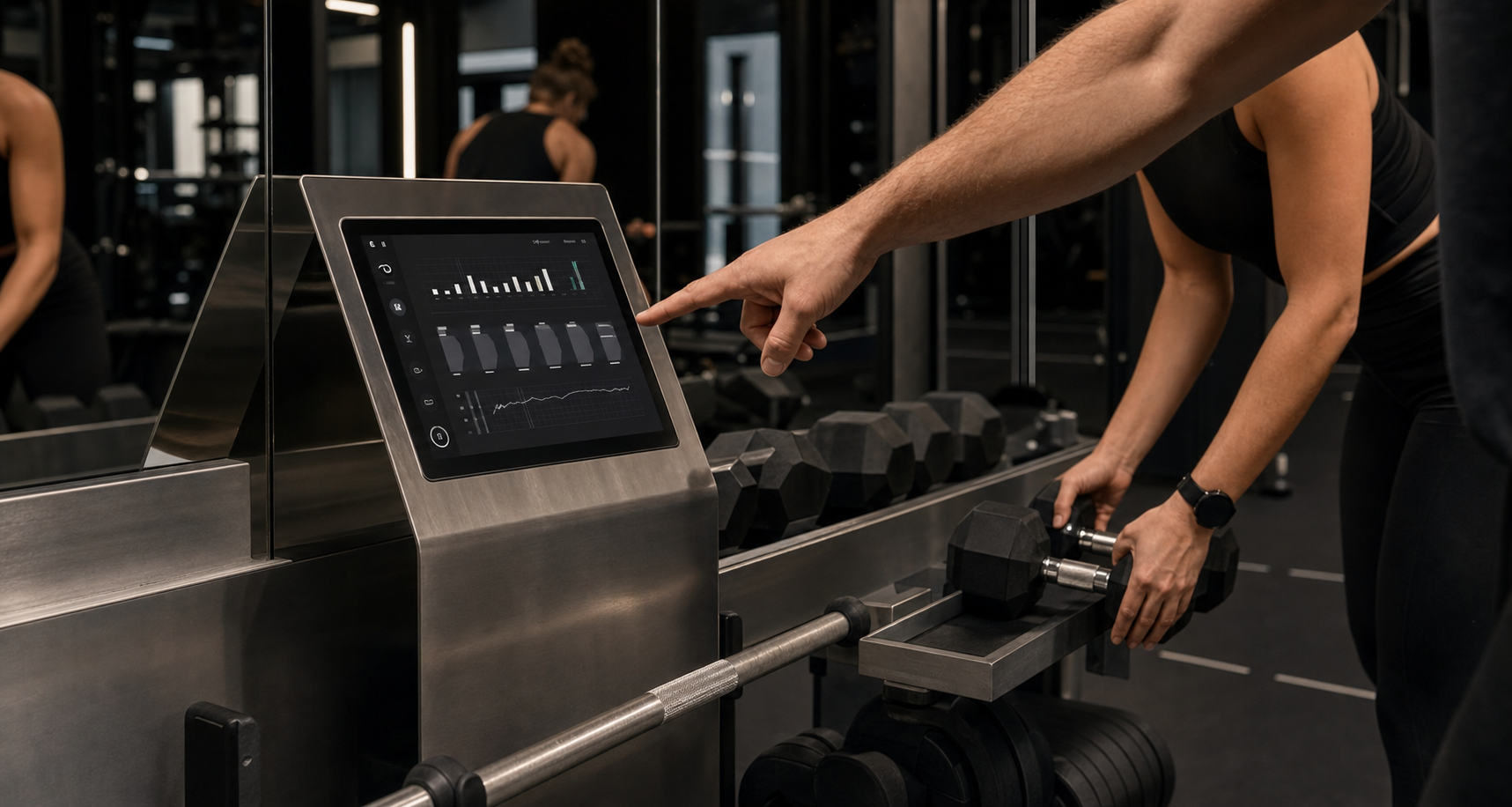 A coach reviewing strength-training software beside organized weights in a BUILT training bay.